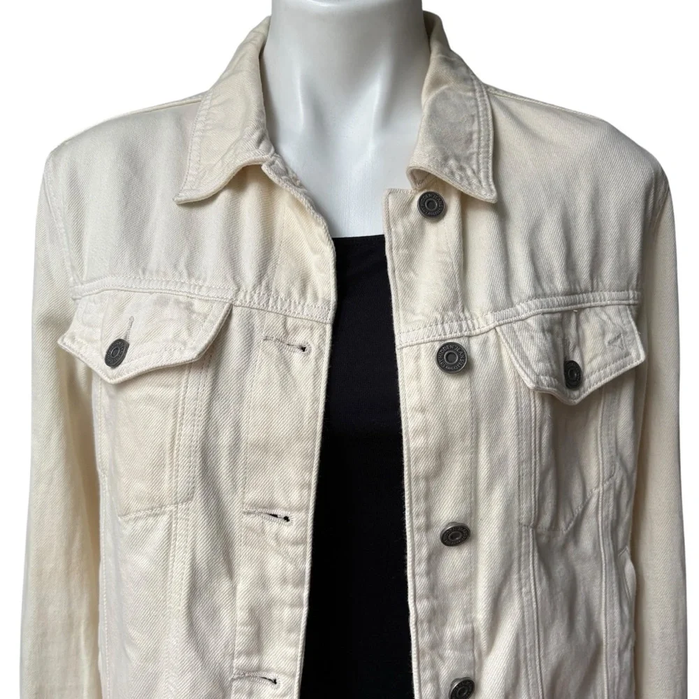 HIDDEN JEANS Rebel Fray Hem Denim Trucker Jacket in Cream, Sz L - Picture 11 of 16